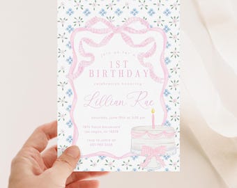 Pink Bow First Birthday Invitation, Gingham Cake and Floral Birthday Invitation, 2738