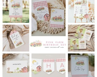 Puede incluir: Conjunto de imprimibles para fiesta de cumpleaños de temática de granja rosa con un tractor, un granero y animales. Incluye un cartel de bienvenida, invitaciones, etiquetas de agradecimiento, una pancarta y un cartel personalizado.