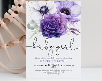 Editable Purple Floral Baby Shower Invitation, Printable Baby Shower Invite, Instant Download Template, Baby Girl Invitation