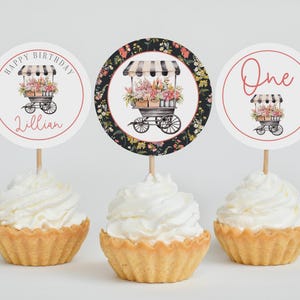 Blumenmarkt-Geburtstagsfeier Cupcake Toppers mit einem Blumenständer, bearbeitbare Blumenmarkt Kreis Tags, Blumenwagen, 2820