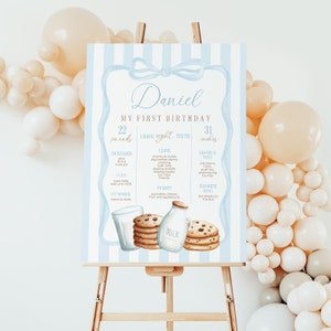 Peut inclure: Une affiche de premier anniversaire à rayures bleues et blanches avec une illustration aquarelle d'un verre de lait et de biscuits. L'affiche comprend le nom de l'enfant, Daniel, et des détails sur sa première année, notamment son poids, sa taille, ses jouets préférés et ses premiers mots.