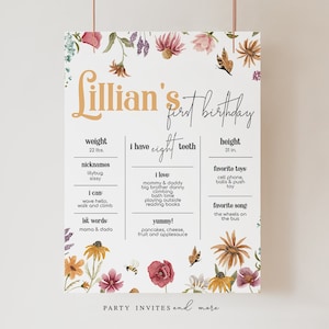 Wildflower Birthday Milestone Sign, Watercolor Floral First Birthday Poster, Editable Wildflower 1st Birthday Party Sign, Printable 2543