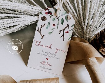 Editable Winter Baby Shower Gift Tag, Holiday Hang Tag, Editable Christmas Printable Treat Tag Template, Greenery and Antlers, 2125