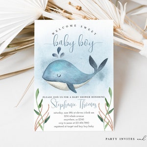 Whale Baby Shower Invitation, Nautical Baby Shower Invite, Printable Baby Boy Invitation, Blue and Green, Watercolors, 107