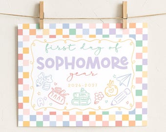 Checkered First Day of Sophomore Year, 10th Grade Pastel Back to School Sign, Printable 1st Day of School Poster