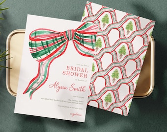May include: A red and green plaid bow with a white background. The text "join us for a BRIDAL SHOWER in honor of Alyssa Smith" is printed below the bow. The text "1:00-4:00 pm the themes home 8071 plaid bow boulevard, las vegas, nevada 89173 RSVP to jamie at 702-634-1236 registries" is printed below the text.