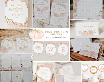 May include: Pink pumpkin baby shower party decorations with a watercolor design. The set includes invitations, thank you cards, a banner, cupcake toppers, and a sign. The text on the invitations reads "Pink Pumpkin Shower".