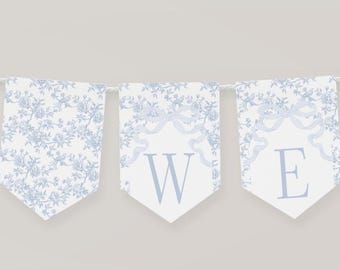 Blue Toile Banner with Bow, Printable Blue Floral and Bow Baby Shower Decor, 2770