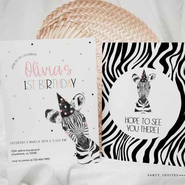 Zebra Birthday Invitation, Editable Zebra Party Invite, Safari Animals Birthday Invitation, Party Animals Invite, 2557