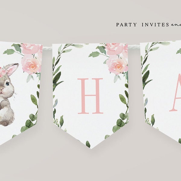 Editable Bunny Baby Shower Banner, Custom Pink Floral Girl Rabbit Printable Banner, 2150