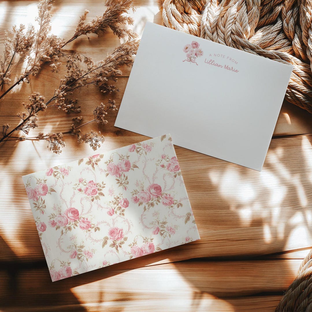 Personalized Rose Stationery Set, Vintage Floral Note Cards, Set of 12 ...