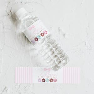 Donut Birthday Party Water Bottle Labels with a Pink Bow, Editable Donut Water Bottle Wrappers, 2763