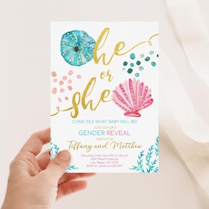 Gender Reveal Invitation, Beach Gender Reveal Invitation, Gender Reveal Invitation, Seashells Gender Reveal Invitation, He or She 2590