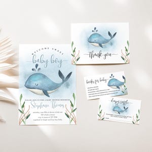 Lot d'invitations pour baby shower baleine, invitation à une douche nautique, baby shower de garçon sous la mer, demande de livre, tombola de couches, carte de remerciement 107
