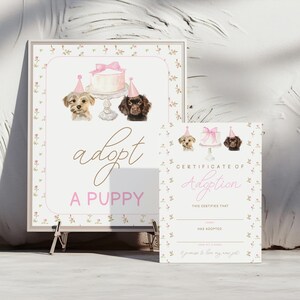 Dog Birthday Party Adoption Certificate, Editable Puppy Adoption Party Sign with Flowers and Pink Bows, 2751