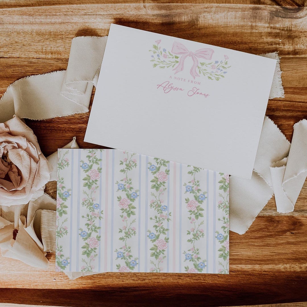 Floral Stationery Set With Bow, Elegant Personalized Note Cards (set of ...