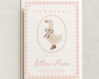 May include: A pink and white gingham patterned invitation card with a watercolor illustration of a goose wearing a brown bow and brown boots. The text on the card reads "Join us for a 1st Birthday celebration for Lillian Marie Saturday, August 10th at 2:00 pm 6524 Farmer Avenue Las Vegas, NV 68515 RSVP Julie Thomas at 092-605-9307"