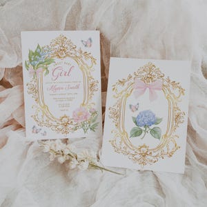 May include: Two baby shower invitations with ornate gold frames, floral accents, and butterfly illustrations. One card reads "Sweet Baby Girl" and includes event details. The other features a blue hydrangea and pink bow.