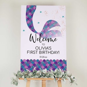 Mermaid Birthday Party Welcome Sign, Mermaid Baby Shower Welcome Sign, Purple and Teal, Editable 1090