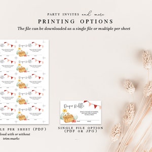 May include: Printable diaper raffle cards with a picnic basket and bunting theme. The cards are available as a single file or multiple per sheet with or without trim marks.