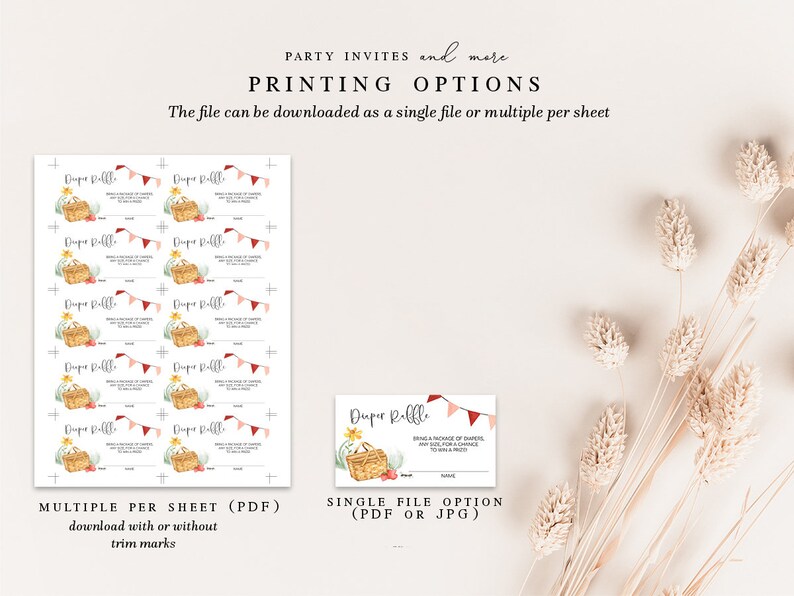 May include: Printable diaper raffle cards with a picnic basket and bunting theme. The cards are available as a single file or multiple per sheet with or without trim marks.