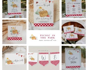 Picnic Birthday Invitation Bundle, Picnic in the Park Invite Set, Summer Birthday, Red Gingham, Printable Birthday Party Kit 2586