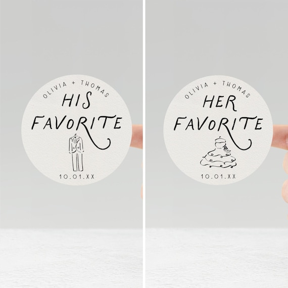 Personalized His and Her Favorite Stickers, Hand Drawn Dress and Tux Wedding Treat Labels, Wedding Favor Stickers, Black and White