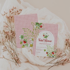 Strawberry Baby Shower Invitation, Editable Strawberries Shower Invite, Pink Gingham Strawberry Editable Invitation, 2585