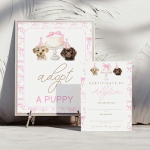Dog Birthday Party Adoption Certificate with Bows, Editable Puppy Adoption Party Sign, 2751