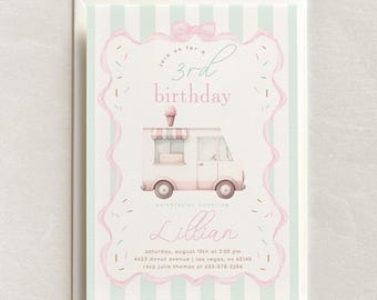 Pastel Ice Cream Truck Birthday Invitation with Stripes, Girl Party, 2817