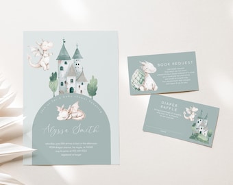 Editable Dragon Baby Shower Invitation Set, Boy Dragon Baby Shower Printable Invite with Inserts, 2744