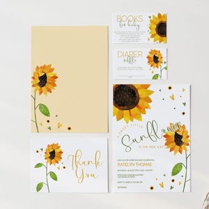 Editable Sunflower Baby Shower Invitation Set, Girl Sunflowers Shower Invite, Diaper Raffle and Book Request 2578