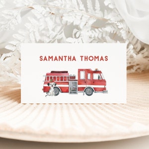 Editable Fire Truck Birthday Place Card Table Tent, Firefighter Baby Shower Food Labels, 2605