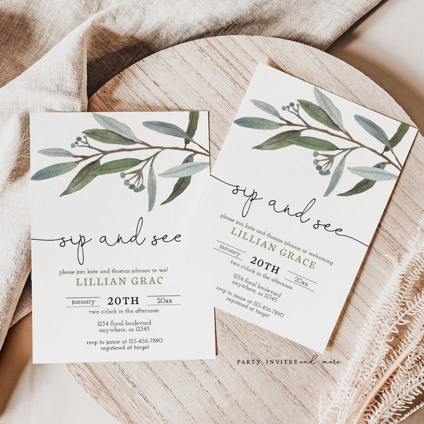 Greenery Sip and See Invitation Template, Printable Sip & See Invite, Instant Download, Gender Neutral