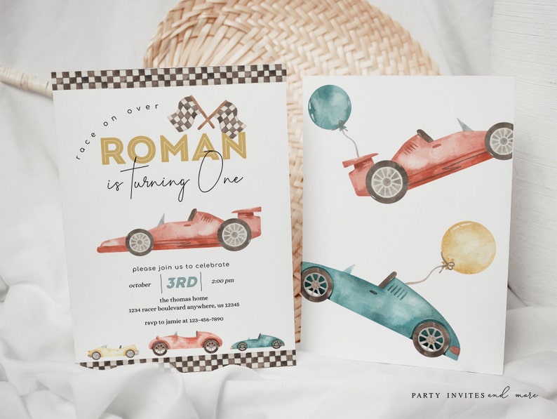 May include: A printable invitation for a first birthday party with a race car theme. The invitation features a red, blue, and yellow watercolor illustration of race cars and balloons. The text on the invitation reads "Race on over Roman is turning one, please join us to celebrate October 3rd, 2:00 pm, the Thomas home, 1234 Racer Boulevard Anywhere, US 12345, RSVP to Jamie at 123-456-7890".