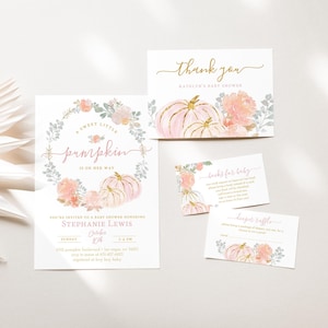 Pink Pumpkin Baby Shower Invitation Bundle, Little Pumpkin Invite, Fall Baby Shower Shower, Book Request, Diaper Raffle, Thank You Card 2054