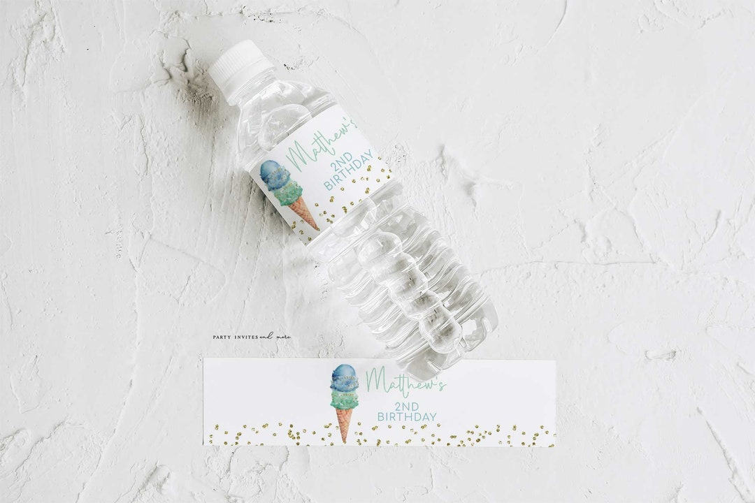 Ice Cream Birthday Printable Water Bottle Labels, Mint and Blue Ice ...