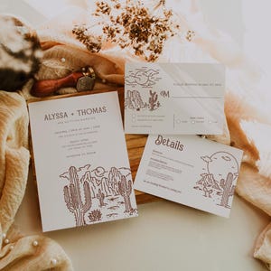 Conjunto de invitaciones de boda con paisaje desértico / Paquete de invitaciones de boda con cactus / Paquete de boda moderno editable del suroeste / 2607