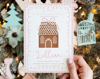 Pink Gingerbread House Birthday Invitation with Bow, Gingerbread House Birthday Party Invite with Gingham and Bow, 2785