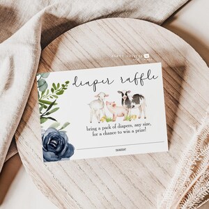 Farm Boy Baby Shower Diaper Raffle, Baby Farm Animals, Greenery Baby Shower, Blue Flowers, Printable Diaper Raffle, Instant Download 2073