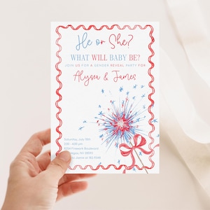 4th of July Gender Reveal Invitation, Patriotic Fourth of July Gender Reveal Invitation with Bow and Blue Gingham, Red White and Blue, 2826