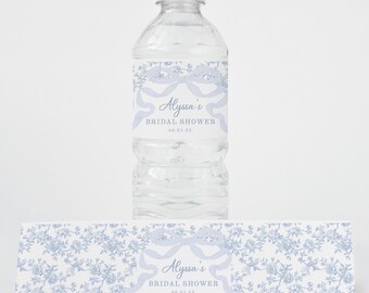 Light Blue Toile and Bow Bridal Shower Water Bottle Labels, Printed Blue Floral Wedding Shower Water Bottle Wrappers with Bow, 2770