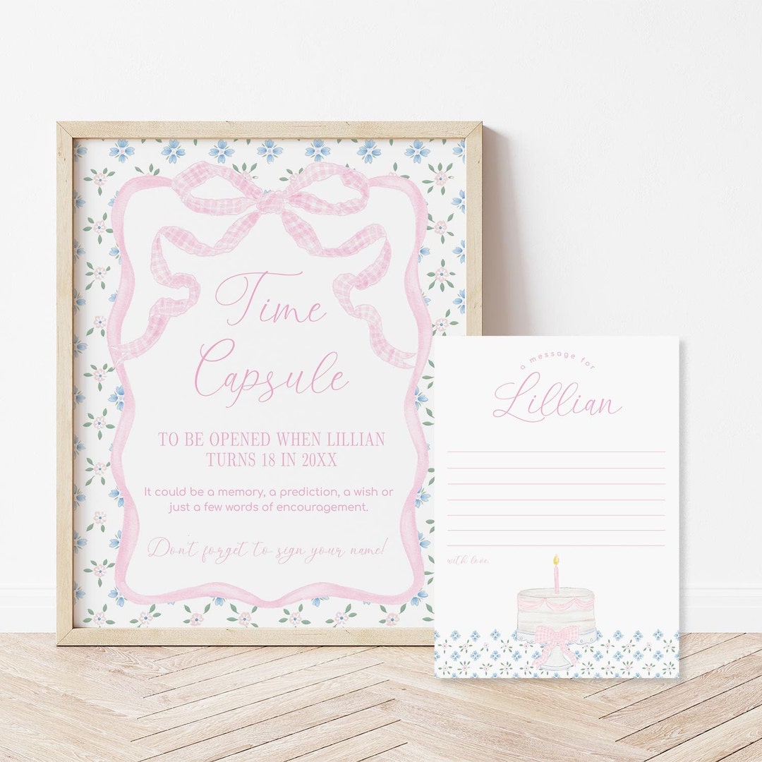Pink Bow Birthday Time Capsule Sign and Card, Editable Gingham Cake and ...