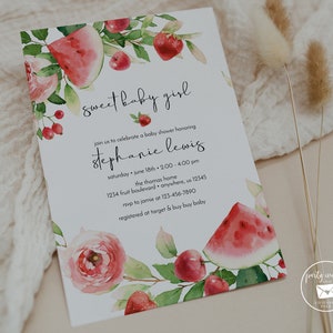 Fruit Baby Shower Invitation, Watermelon and Strawberries Party Invite, Cherries, Summer Printable or Printed Invitation 2511 画像 2