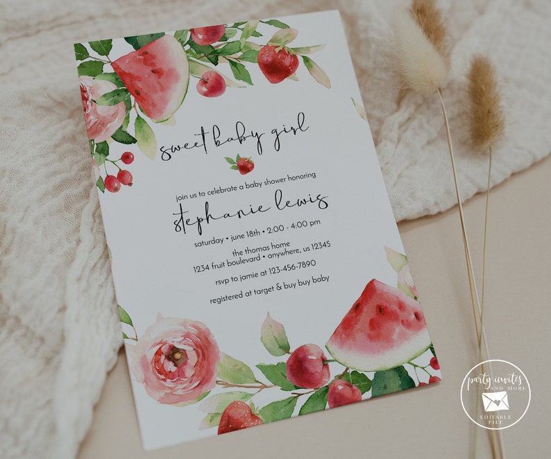 Fruit Baby Shower Invitation, Watermelon and Strawberries Party Invite, Cherries, Summer Printable or Printed Invitation 2511 画像 2