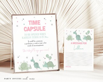 Girl Dinosaur Time Capsule Sign and Card, Editable Dino First Birthday Time Capsule, Printable Dinosaur Sign for 1st birthday, 2070