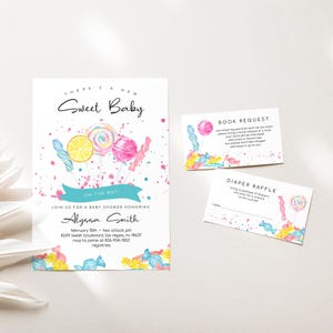 Snoep babyshoweruitnodigingset, bewerkbare snoepwinkel babyshoweruitnodiging met luierloterij en boekverzoek, 2035