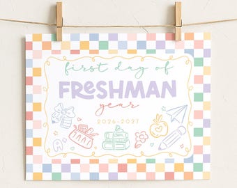 Checkered First Day of Freshman Year, 9th Grade Pastel Back to School Sign, Printable 1st Day of School Poster
