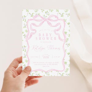 Faire-part de baby shower avec noeud vichy rose, invitation de baby shower de ruban floral vichy, 2809