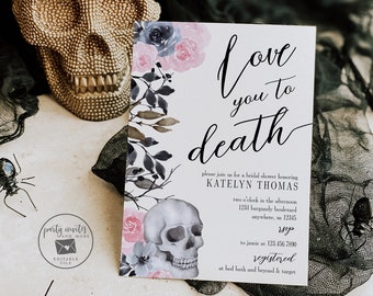 Editable Halloween Bridal Shower Invitation, Halloween Party Invite, Skull and Flowers, Glam, Instant Download  2159